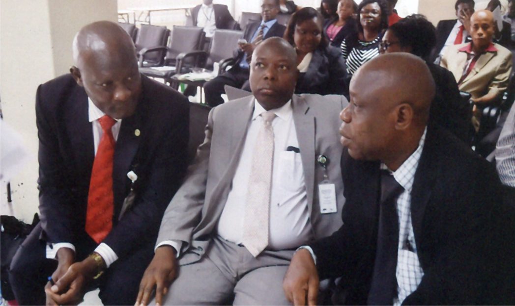 Assistant Director Development Finance Department CBN, Head Officer Abuja, Mr Babatunde Ogunlaja (left) Assistant Director, Banking and Payments Dept CBN Head Office Abuja, Mr Samuel Agboola (middle) Manager, NAICOM, Port Harcourt, Mr Emma Ndukuba (right) at workshop on Financial Inclusion at CBN branch Office in Port Harcourt recently. Photo: Chris Monyanaga