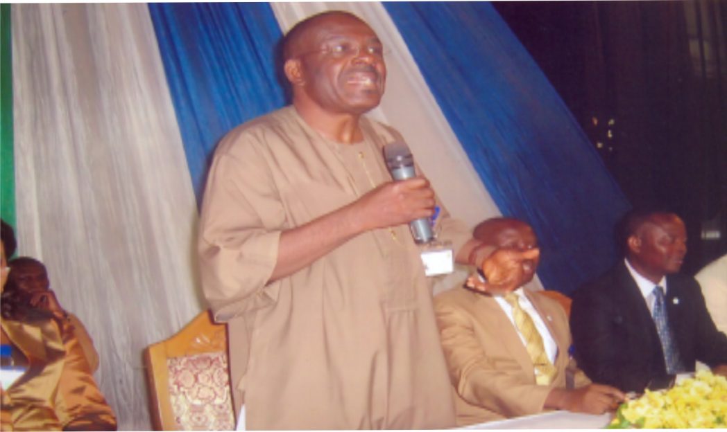 Flashback: Rivers State Head of Service, Barr Samuel LongJohn (standing), addressing Directors at a two-day Refresher Course for Substantive Directors in the State Public Service. With him are Ekwueme , Permanent Secretary,Service Welfare and Permanent Secretary Establishment Bureau, Dr. Rogers Weli.