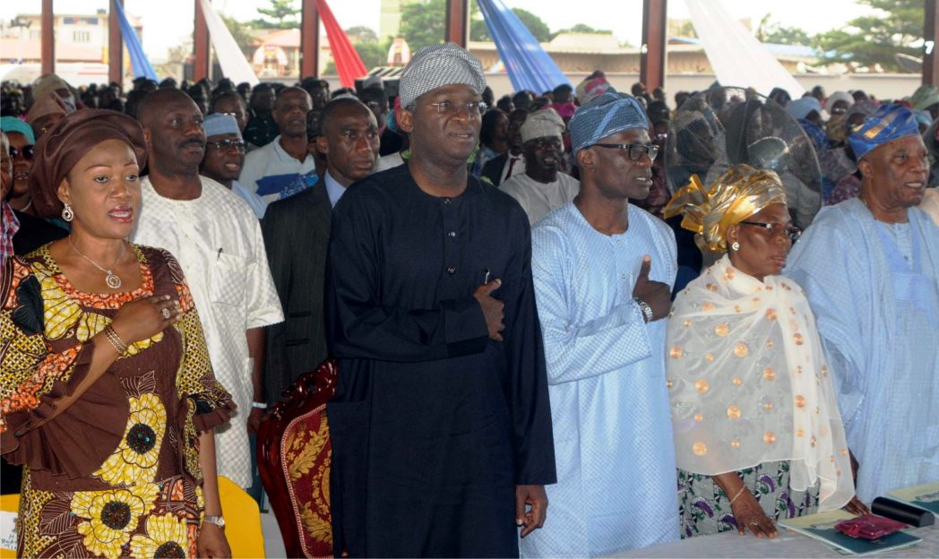 L-R: Senator Oluremi Tinubu; Governor Babatunde Fashola of Lagos State and Lagos State Commissioner for Information, Strategy, Mr Lateef Ibirogba, wife of former Lagos State Governor, Mrs Abimbola Jakande and Chairman, Premier Lotto Ltd, Chief Keshington Adebutu, at the 2,600 days in office of Gov. Fashola, recently