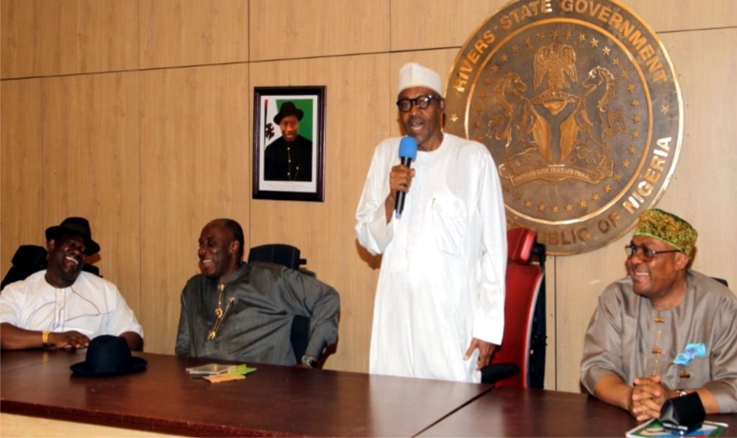 From right to left, Chairman, APC, Rivers State, Hon. Davies Ikanya, General Muhammadu Buhari (rtd), Presidential Aspirant of All Progressives Congress (APC), Rivers State Governor, Rt. Hon. Chibuike Rotimi Amaechi and Deputy Governor, Engr. Tele Ikuru appreciating Buhari's comments during a meeting with delegates at Government House, Port Harcourt, ahead of the Presidential Primaries.