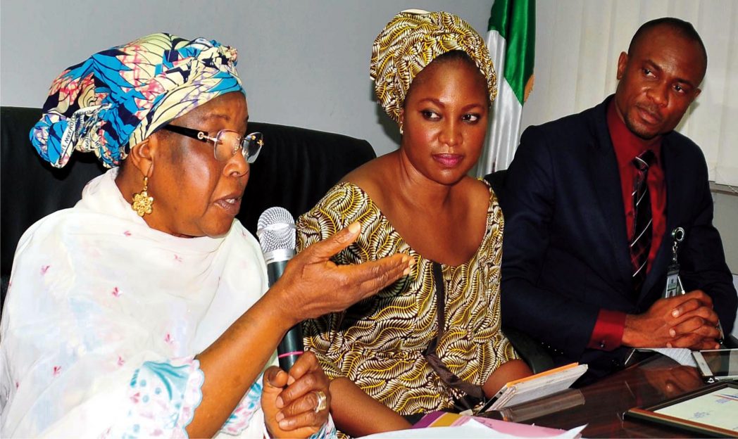 L-R: Minister of Women Affairs, Hajiya Zainab Maina, President, Quintessential Business Women Association, Mrs Shimite Katung and Executive Secretary, Association of Non Bank Micro Finance Institutions of Nigeria, Mr Godbless Safugha, during the visit of members of Quintessential Business Women Association to the Minister in Abuja, recently
