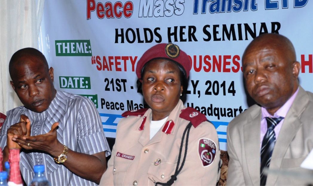 L-R: Managing Director, Peace Mass Transit (PMT Company,Mr Samuel Onyishi; FRSC training officer, Assistant Corps Commander, Josephine Oranebo and General Manager, PMT, Mr Sylvanus Ozioko, during the round-up session of FRSC/PMT drivers training workshop in Enugu, recently