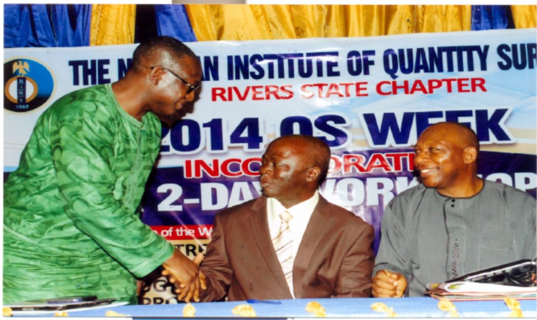 Engr. Ishaaq Yahaya, (left) representing Engr. Emeka Eze, having a handshake with Chairman, Naro Institute of Quantity Surveyors, Rivers State Chapter, Mr Abayomi .I. Anifowose (middle). With them is vice chairman, NIQS Rivers State Chapter, Mr Edighoman Isaac Ewa (right) during the Nigerian Institute of Quantity Surveyors Rivers State Chapter 2014 Quantity Surveyors Week at Arena Event Centre recently. Photo: Egberi .A. Sampson