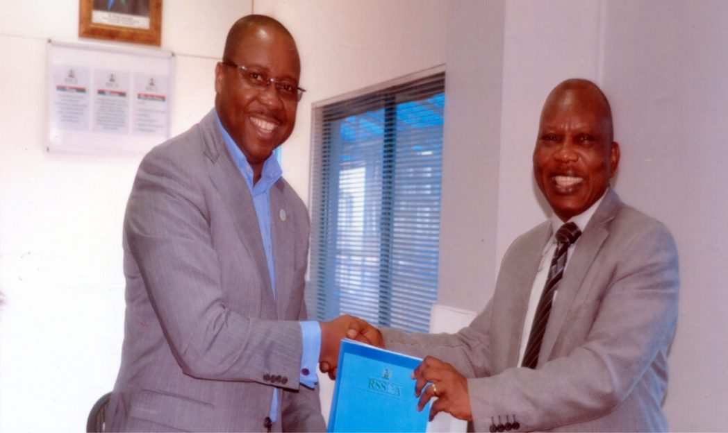 Executive Director, Rivers State Sustainable Development Agency (RSSDA), Mr Noble Pepple (left) exchanging documents with Vice Chancellor of Federal University of Technlogy, Akure, Prof. Adebiyi Daramola, during the signing of MOU between the RSSDA and the institution, yesterday in Port Harcourt. Photo: Ibioye Diama