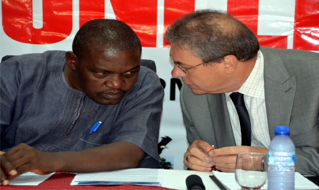 European Union delegate to Nigeria and ECOWAS, Mr Alen Monday (right) exchanging views with the Country Director, Search for Common Ground, Mr Chom Bagu, during the press conference organised by the group, in Port Harcourt, recently. Photo: Nwiueh Donatus Ken