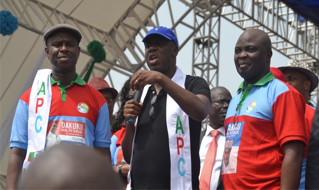 L-R: Rivers State All Progressives Congress governorship flag bearer, Dr. Dakuku Peterside, Rivers State Governor, Rt. Hon. Chibuike Rotimi Amaechi and running mate to APC flagbearer, Asita Honourable Asita, during the flag-off of the APC governorship campaign rally in Port Harcourt, on Monday. Photo: Ibioye Diama