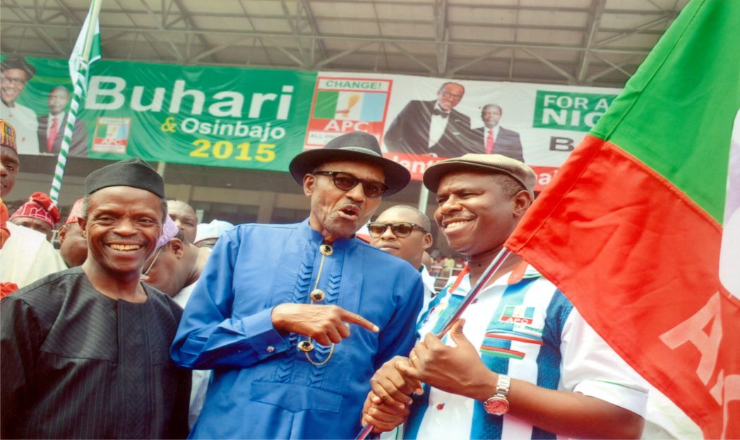 APC Presidential flagbearer, Muhamadu Buhari (middle) with Rivers State flagbearer, Dr Dakuku Peterside (right) at the party’s presidential campaign flag off, in Port Harcourt, yesterday. With them is presidential running mate, Prof Yemi Osinbajo.