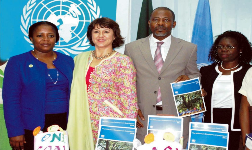 From Left: President, Strategy for Mentoring Indicative and Leadership Empowerment, Mrs Bimpe Martins, Senior Information Officer, Unic, Ms Envera Selimovic, representative of Governor of Lagos State, Mr Seun Akinsaya and representative of unresident coordinator in Nigeria, Ms Colleen Zamba, at the regional launch of the Millennium Development Goals report 2014 in Lagos recently