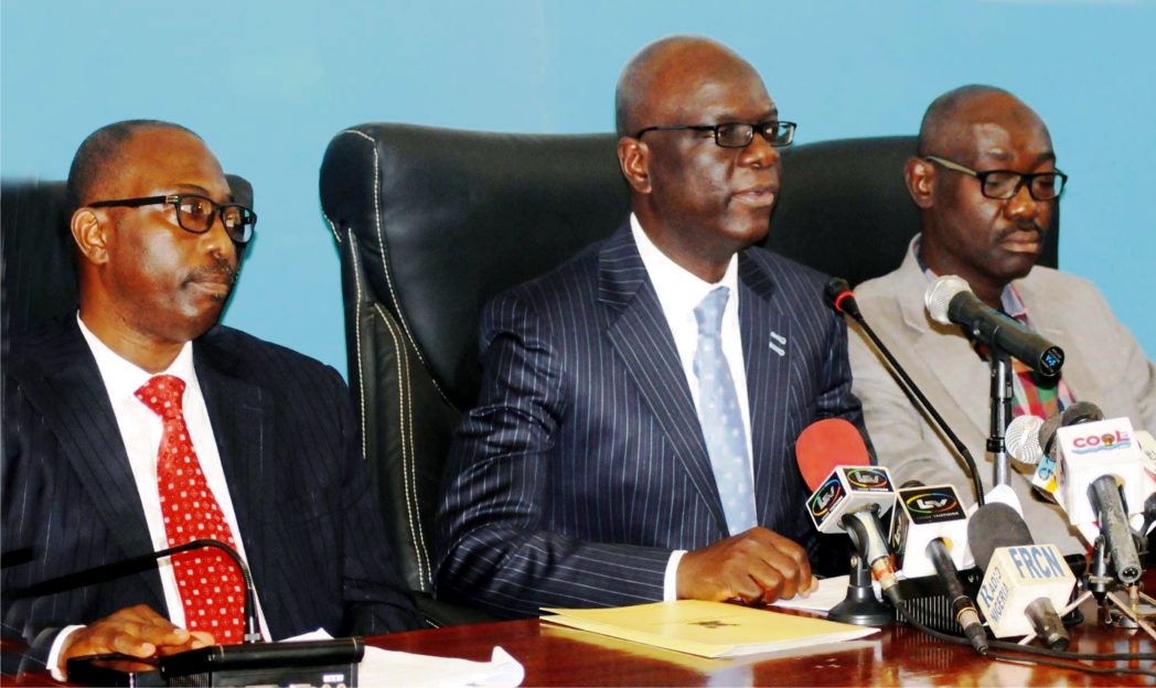 L-R: Permanent Secretary, Lagos State Ministry of Justice, Mr Lawal Pedro, Attorney-General and Commissioner for Justice, Mr Ade Ipaye and Special Adviser to Lagos State Governor on Information and Strategy, Mr Abdulfatai Raji, at a News Conference by Ipaye on activities of his Ministry in Lagos recently.