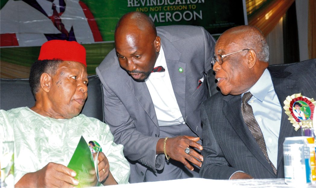 Former Director-General, Federal Capital Territory, Chief Gordian Oranika (left), discussing with the son of late Prof. Chukwurah Anthony, at the First Memorial Lecture and Posthumous Book Presentation of Prof. Cukwurah in Abuja recently. With them is the Chairman of the occasion, former Vice Chancellor, Imo State University, Prof. Michael Echeruo.