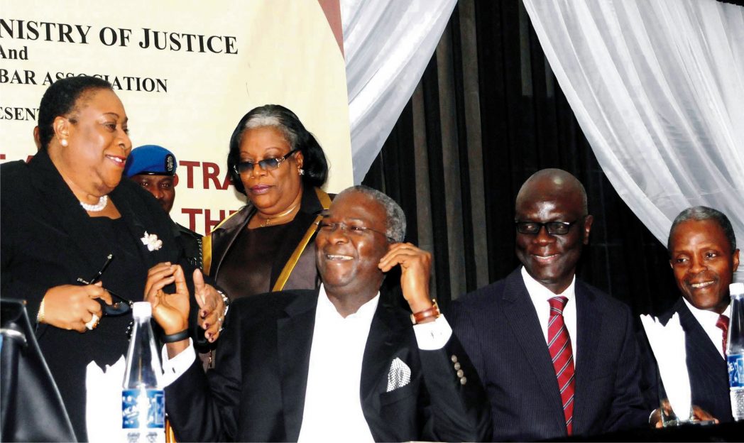L-R: Lagos Chief Judge, Justice Ayotunde Phillips, Head Judge, Lagos Judiciary, Justice Funmilayo Atilade; Governor Babatunde Fashola of Lagos; Lagos State Commissioner for Justice and Attorney General, Mr Ade Ipaye and Former Lagos Commissioner for Justice and Attorney General, Prof. Yemi Osibajo, at a Conference on delay in Justice Administration in Lagos recently.