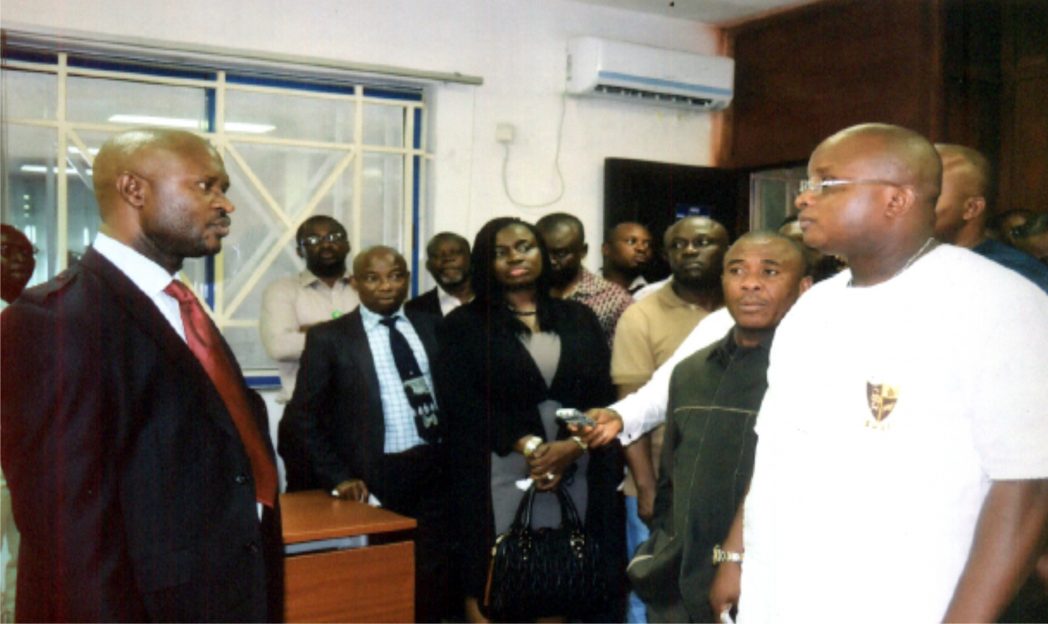 Assessment Authority, Tax Office, Inland Revenue Service, Rumuomasi Office, Mr Godwin Epelle (left) explaining the functions of the service to members of House Committee on Finance led by, Hon Josiah Olu (right), during the committee’s oversight function visit, in Port Harcourt, recently.