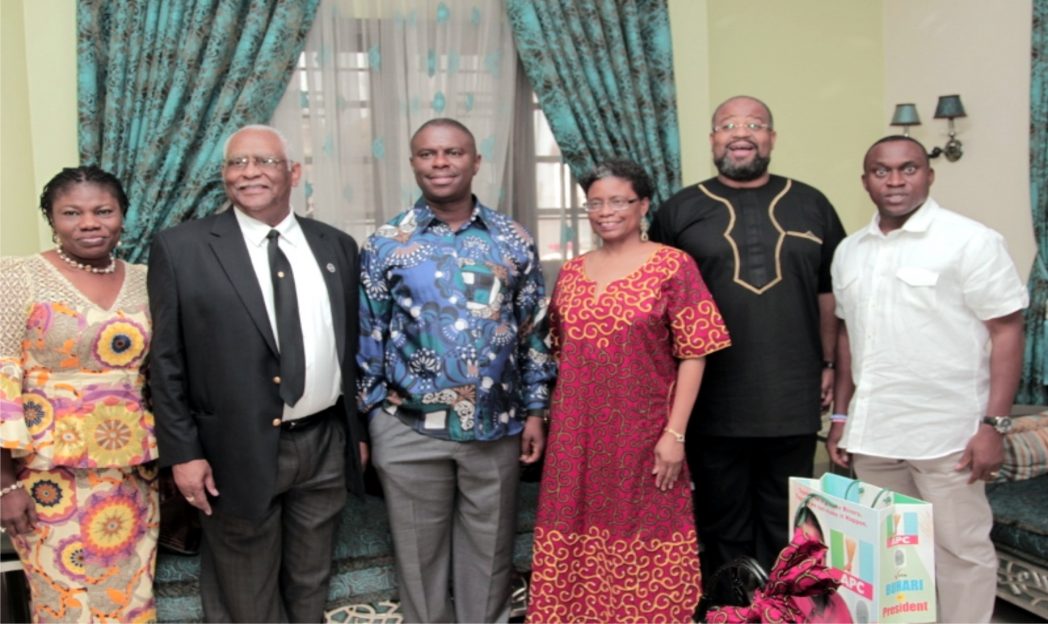 L-R: Rivers State Commissioner for Women Affairs, Hon. (Mrs) Joeba West, Dean, School of Agriculture, Fisheries and Human Sciences (SAFHS) University of Arkansas, Professor James Garner, Rivers State APC Gubernatorial Candidate, Dr. Dakuku Adol Peterside, Associate Director, International Programs, University of Arkansas, Dr. Pamela D. Moore, Associate Dean, SAFHS, University of Arkansas, Dr. Edmund Buckner, and State Commissioner for Youth Development, Sir Onwuwene Emeka Wonodi, during a courtesy visit to the guber candidate in Port Harcourt.