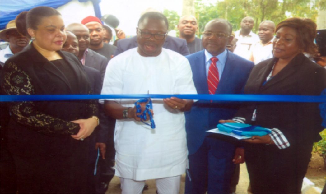 Representative of the State Governor and State Commissioner for Budget and Economic Planning, Hon. Gogo Charles (middle) cutting the tape to commission RSWSRC in Port Harcourt recently. With him are Water Resources Commissioner, Hon. Patricia Simon-Hart and DG, RSWSRC, Mr. Chris Obasiolu (2nd right) Photo: Chris Monyanaga
