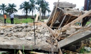 A collaped one-storey building owned by Redemeed Christain Church of God, Rivers Province 2, Amazing Grace Area, located at Iboloji Estate, Ozuoba in Obio/Akpor Local Government area of Rivers State..         Photo: Nwiveh Donatus Ken