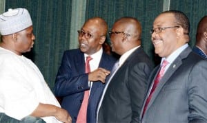L-R:  Minister of Special Duties,   Alhaji Kabiru Tanimu Turaki,  Attorney General and Minister of Justice, Mr Bello Adoke, Minister of State  for Works, Mr   Adedayo Adeyeye  and Minister of Works,  Mr Mike Onolememen,  at the  Federal Executive Council meeting  in Abuja recently.