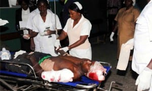 A victim of a bomb blast at Bauchi Road Motor Park in Jos, Plateau, State receiving treatment at the Plateau State Specialist Hospital last  Friday