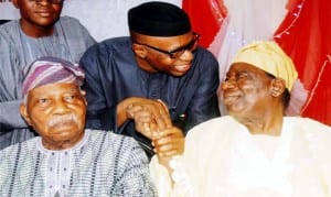 From Left: Afenifere Leader, Pa Reuben Fasaranti;  Governor Olusegun Mimiko of Ondo State and Chief Richard Akinjide, at a Post National Conference Summit  on 2015 elections and the Yoruba Nation  in Ibadan last Thursday.