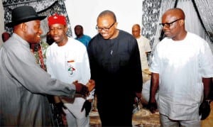 L-R: President Goodluck Jonathan; pdp gubernatorial candidate for Delta, Dr Ifeanyi Okowa; Deputy Director-General, pdp campaign organisation, Mr Peter Obi and Governor Emmanuel Uduaghan of Delta, during President Goodluck Jonathan's meeting with Anioma group in Asaba on Friday.   Photo: NAN