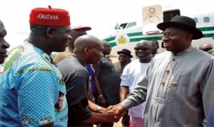 President Goodluck Jonathan (right),  Governor Emmanuel Uduaghan of Delta State (2nd right), Rep. Ndudi Elumelu (2nd lef) and others, welcoming President Jonathan  at  Asaba  Airport recently.