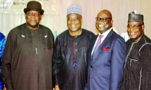 L-R:   Supervising Minister, Ministry of Information, Chief Edem Duke, Chairman Emeritus, Daar Communications,  Dr Raymond Dokpesi, new chairman, Advertising Practitioners Council of Nigeria (APCON), Governing Council, Mr Udem Ufot and APCON Registrar,  Alhaji Garba Kankarofi,  at the inauguration of the 6th Governing Council  of the agency in Lagos, yesterday.