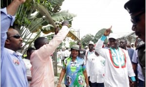 The All Progressive Congress (APC) governorship candidate in Rivers State, Dr. Dakuku Peterside, arriving the venue for a ward rally at Orosikiri Community in Bonny Local Government Area