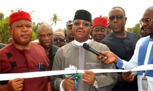 Chairman, House Committee on Works, Hon. Ogbuefi Ozomgbachi, Minister of Works, Mr Mike Onolememen, Enugu State Commissioner for Works and Infrastructure, Mr Goddy Madueke and others, at the inauguration of the rehabilitated Enugu-Port Harcourt Expressway, Section Three, from Enugu To Lokpanta in Enugu State, yesterday.