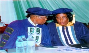 Vice-Chancellor, Rivers State University of Science and Technology, Prof. Barineme Beke Fakae (left) with the institution’s Registrar, Mrs D. C. Odimabo, during the 33rd inugural lecture, last Tuesday, in Port Harcourt.      Photo: Egberi A. Sampson.