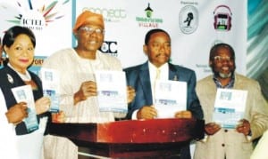 L-R: Vice President, Lagos Chamber of Commerce and Industry (Lcci), Dr Nike Akande, Lcci President, Alhaji Remi Bello,Vice President and Chairman, Trade Promotion Board, Dr Michael Olawale-Cole and Chairman, Specialised Exhibition Committee, Mr Sola Oyetayo, at the Unveiling of Information Communication Technology and Telecommunications Industry (Ictel) Expo 2015 in Lagos last Friday night.