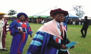 The Acting Provost of the Rivers State College of Health Technology, Dr. Nnamdi Amadi (R) and the Registrar of the school, Ms Owanate P. Lawson, during last Friday's 5the matriculation ceremony of the school.