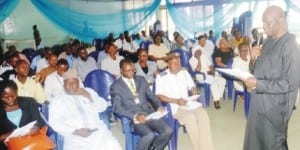 Guest Speaker, Mr Angus Ozoka (right), presenting paper at the public enlightenment on Medical Waste Incinerator Project of Ecological  Funds Office in Ibadan recently. 