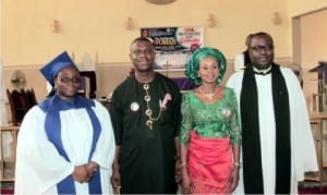 All Progressive Congress Governorship candidate, Dr. Dakuku Peterside (middle), his wife Elima Peterside (second right), flanked by Rev. Canon Sulivan Odike and his wife, Barr. Margret Odike, during the  Mothering Sunday Thanksgiving at St. Andrew's Anglican Church, Rumuola, Port Harcourt, yesterday