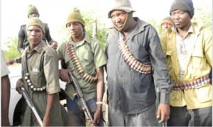 Members of the vigilante group working with troops at Buni Yadi in Yobe, when journalists on tour of recaptured territories in the North-East visited to the town.