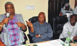 L-R:  Director-General, National Film and Video Censors Board (NFVCB), Mrs Patricia Bala, Director, Licensing and Document, Mr Chiedu Okolue and North East Zonal Director, Mr Edward Edion, at the  North East Film Industry Stakeholders Forum in Bauchi on Tuesday (10/3/15).