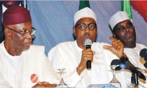 APC presidential candidate, Gen. Muhammadu Buhari (middle) fielding questions from journalists, during a meeting with Media Executives in Abuja, yesterday. With him are, National Chairman of the party, Chief John Oyegun (left) and former Vice President Atiku Abubakar.