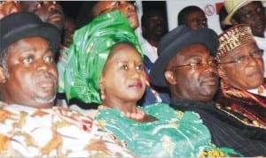 L-R: Sen. George Sekibo; Rivers PDP Deputy Governorship candidate, Mrs Ipalibo Banigo;Director-General, Rivers PDP Governorship Campaign Organisation, Amb. Desmond Akawa and former President, Port Harcourt Chamber of Commerce, Industries, Mines and Agriculture, at the Rivers Ijaw Peoples Summit in Port Harcourt, yesterday