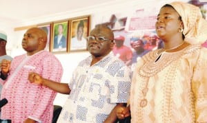 L-R: National Treasurer, National Union of Textile and Garment Tailoring Workers of Nigeria (nutgtwn), Comrade John Adaji; General Secretary, Comrade Issa Aremu and chairperson, women committee of Nigeria Labour Congress, Kaduna State Chapter, Mrs Stella Mako, at a news conference on the nlc 11th national delegates conference in Kaduna, yesterday. Photo: NAN