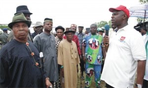  APC Governorship candidate in Rivers State, Dr. Dakuku Peterside, speaking with Ogoni Chiefs during his ward to ward campaign rally in Khana Local Government Area, yesterday