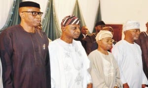  R-L: Governor Olusegun Mimiko of Ondo State; Yoruba Leaders, Senator Femi Okunrounmu, Prof. Dupe Olatubosun and Dr  Frederick Fasehun, at a post National Conference Summit in Lagos, yesterday. Photo: NAN