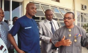 General Manager, Rivers State Newspaper Corporation, Mr. Celestine Ogolo (right), explaining to the Permanent Secretary, Ministry of Information and Communications, Mr. Sam Woka (left), Director of Publication at the Ministry, Mr. Paulinus Nsirim (middle), during the familiarisation visit to the corporation by the Permanent Secretary recently. Photo: Chris Monyanaga