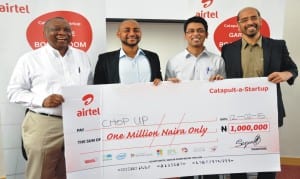  Vice President, Value Added Services, Airtel, Francis Ebuchi,  Co-founder, Sonbim Games,  Geoffrey Nwachukwu, and  Vice President, Dala Products and Services, Nitin Anand, during the Airtel catapult-a start up prize presentation in Lagos, recently. 