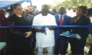 Representative of the Rivers State Governor and State Commissioner for Budget and Economic Planning. Hon. Gogo Charles (centre) cutting tape to commission flag off of the (RSWSRC) recently. With him are: Hon. Patricia Simon-Hart. Water Resoruces Commssioner (2nd left) and D. G. RSWSRCs Mr Chris Obasiolu (2nd right). Photo: Chris Monyanaga
