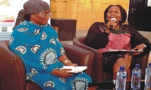 Project Director, Port Harcourt World Book Capital, Mrs Koko Kalango (r) and author of the book, "The Virtuous Woman", Profeasor Zaynab Alkali, at the presentation of the 12th "Book of the Month" in Port Harcourt.       Photo by Sogbeba Dokubo.