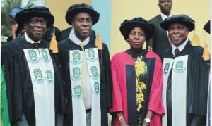 Pro-Chancellor, Rivers State University of Science and Technology(RSUST) and retired Supreme Court Jurist, Justice Karibi Whyte, Rivers State Governor and Visitor to the University, Rt. Hon. Chibuike Rotimi Amaechi, Rivers State Commissioner for Education, Alice Nemi and Vice-Chancellor of the University, Prof. B. B. Fakae at the 27th Convocation ceremony of the university in Port Harcourt, last Saturday.