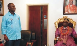 APC governorship candidate in Rivers State,Dr. Dakuku Peterside, speaking with Eze Victor Woluchem, Eze Apara Rebisi in his palace during a ward to ward rally in PHALGA