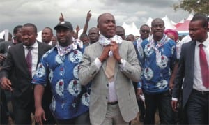 Rivers State Governor Rt. Hon. Chibuike Rotimi Amaechi(middle), President-General of Ikwerre Youth Movement(IYM) Azubyke Wanjoku(left) and APC House of Representatives candidate for Obio-Akpor(Rivers) at the Praise and Worship session by IYM in Isiokpo, Rivers State, yesterday.