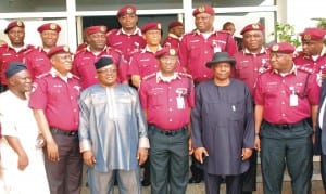 Corps Marshal, Federal Road Safety Commission (FRSC), Mr Boboye Oyeyemi (3rd-right), National President, Road Transport Employers Association of Nigeria (RTEAN), Alhaji Musa Isiwele (3rd-left), and other officials, after a joint news conference by FRSC and stakeholders in the transport sector in Abuja, last Monday.