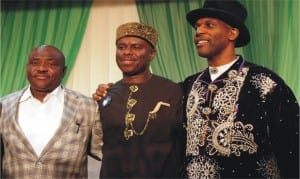 APC governorship candidate, Dr. Dakuku Peterside,(middle),  LP governorship candidate, Prince Tonye Princewill, (right) and  PDP governorship candidate,Barr. Nyesom Wike, at the Rivers  Debate 2015 in Port Harcourt, Monday.