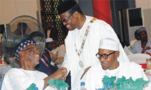 L-R: APC Chairman, John Oyegun, President, Association of Professional Bodies of Nigeria (APBN), Mr Foluso Fasoto and APC presidential candidate, Gen. Muhammadu Buhari, at an interactive meeting with Board of APBN and APC presidential candidate in Abuja last Saturday