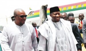 President Goodluck Jonathan (right) with the visiting President John Mahama of Ghana, at the Nnamdi Azikiwe International Airport, Abuja last Monday. Photo: NAN